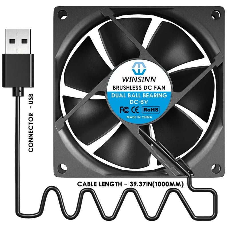 WINSINN DC 80mm USB Fan 5V 8025 Dual Ball Bearing Brushless Cooling 80mmx25mm 2PIN (Pack of 2Pcs) - Image 5